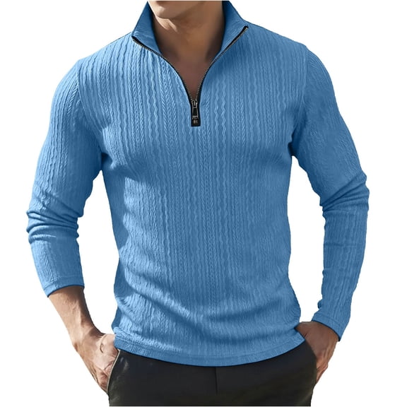 Mens Golf Polo Long Sleeve Solid Jacquard Comfort Crew Neck Plus Size Mens Clothing,Blue,L
