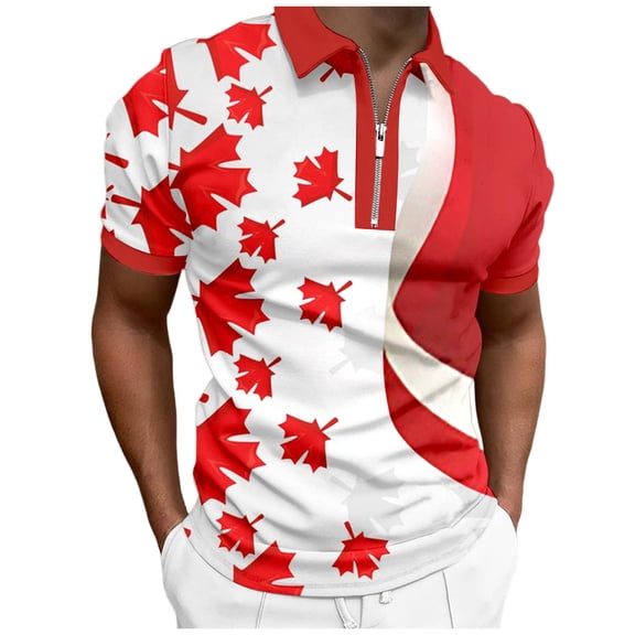 Mens Golf Polo Maple Leaf Print Short Sleeve Crew Neck Mens Clothing,Red,4XL