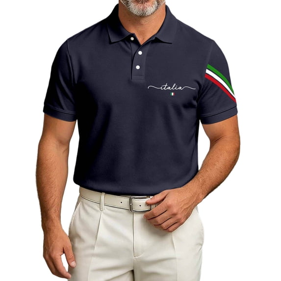 Mens Golf Polo Shirts Arrival Italian National Day Theme Print Ribbed Tops for Men,Navy,5XL