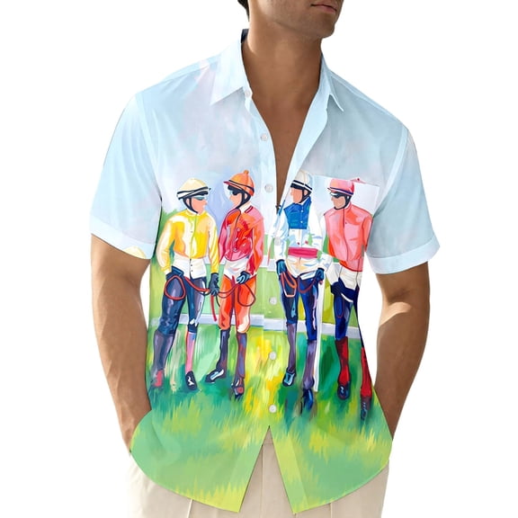 Mens Golf Polo Shirts Print Button Down Horse Racing Theme Design Mens New Clothing,Light Green,S