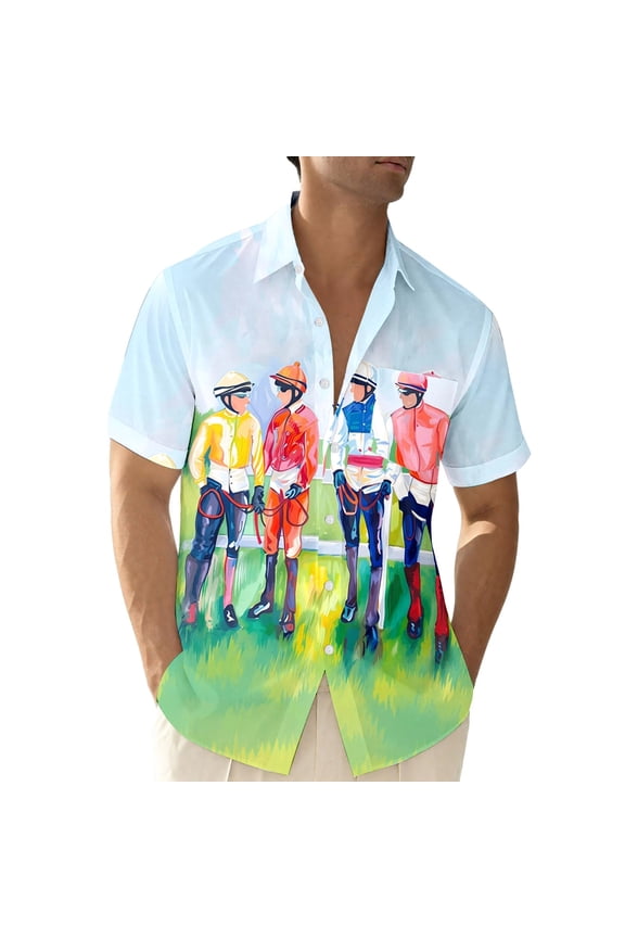 Mens Golf Polo Shirts Print Button Down Horse Racing Theme Design Mens New Clothing,Light Green,S