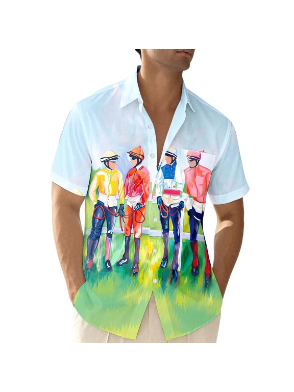 Mens Golf Polo Shirts Print Button Down Horse Racing Theme Design Mens New Clothing,Light Green,S