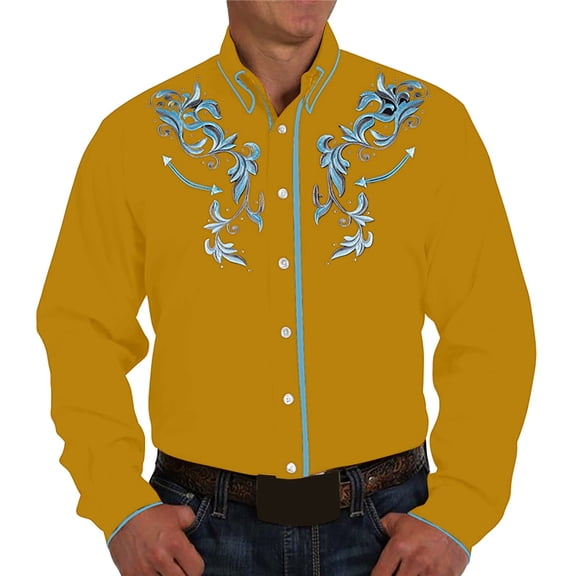 Mens Golf Polo Shirts Retro Printed Loose Lapel Button Comfortable Trendy Lapel Long Sleeved Mens Shirts,Yellow,L