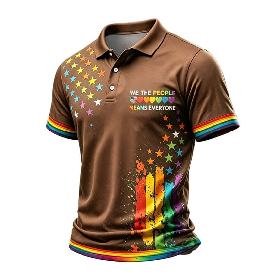 Mens Golf Polo Shirts Short Sleeve Rainbow Cuff Pride Shirt Casual Button Collar Summer Tees for Golf Daily Wear