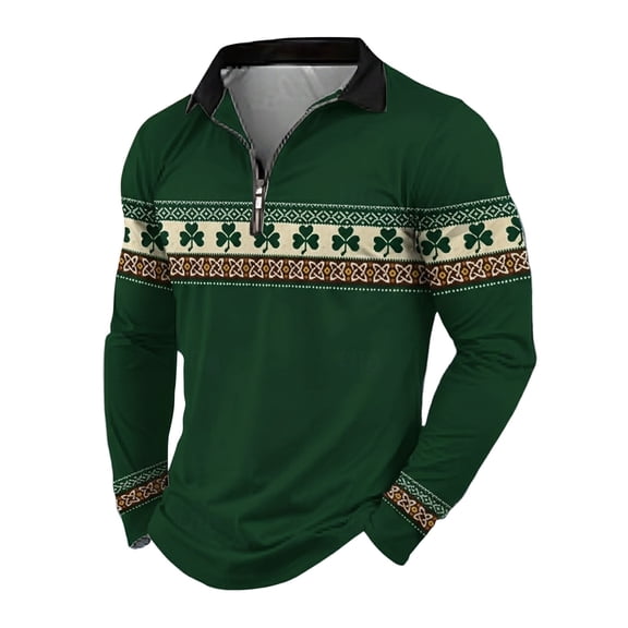 Mens Golf Polo Shirts St. Patrick'S Day Zipper Collar Long Sleeve Stretch Mens New Clothing,Green,2XL