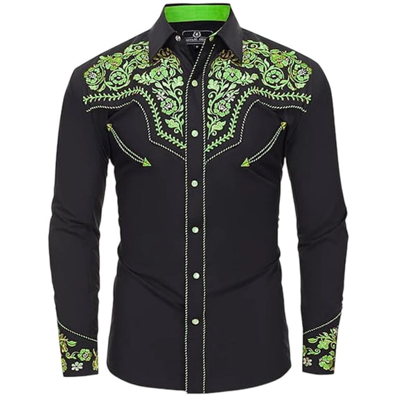 Mens Golf Polo Shirts Western Cowboy Long Sleeve Embroidered Slim Fit Button Down Pockets Mens Formal Shirts,Light Green,2XL