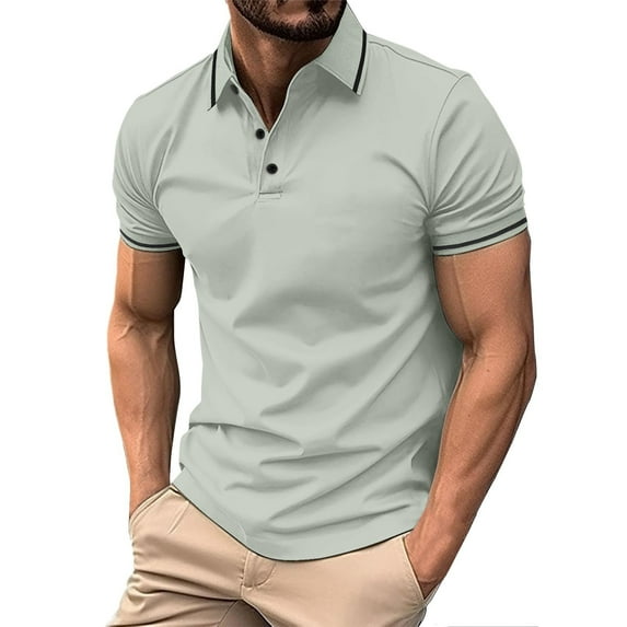 Mens Golf Polo Tops Button Down Solid Color Striped Short Sleeve Mens Work Clothing,Grey,3XL