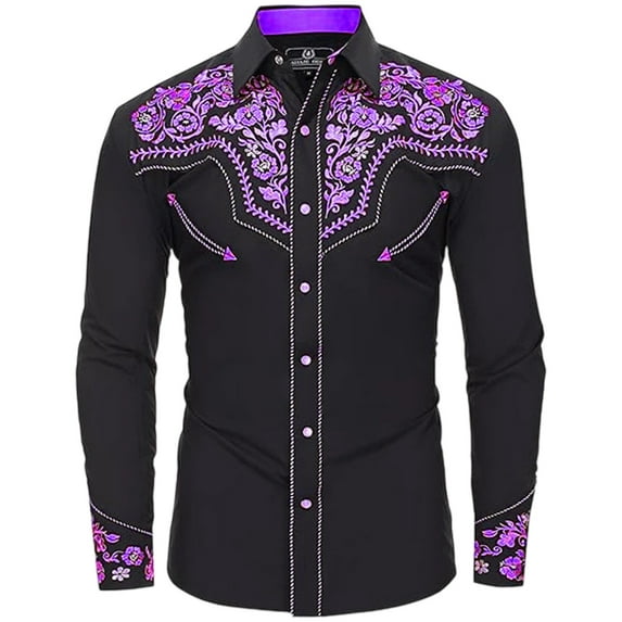 Mens Golf Polo Western Cowboy Long Sleeve Embroidered Slim Fit Button Down Pockets Mens Performance Polos,Purple,S