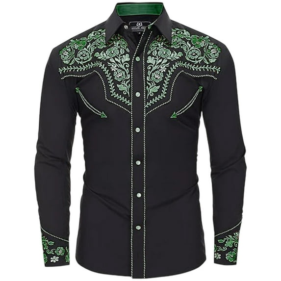 Mens Golf Polo Western Cowboy Long Sleeve Embroidered Slim Fit Button Down Pockets Mens Workout Shirts,Dark Green,S