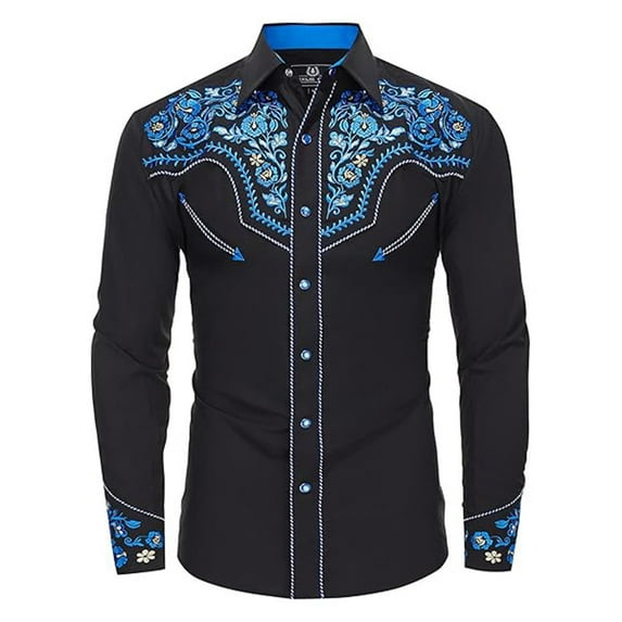 Mens Golf Ribbed Shirts Western Cowboy Long Sleeve Embroidered Slim Fit Button Down Cropped Mens Clothing,Blue,XL