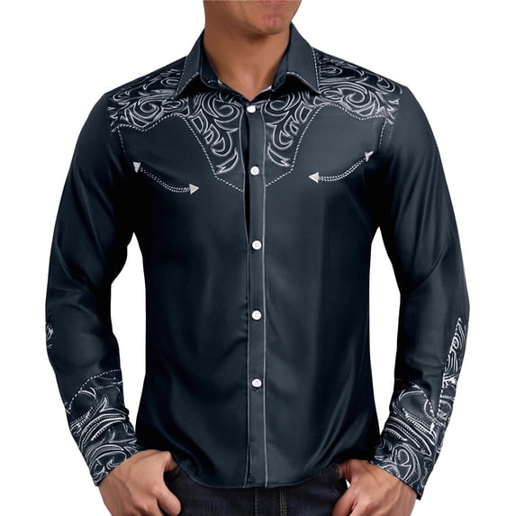 Mens Golf Ribbed Shirts Western Cowboy Long Sleeve Embroidered Slim Fit Button Down Cropped Mens Workout Shirts,Navy,6XL