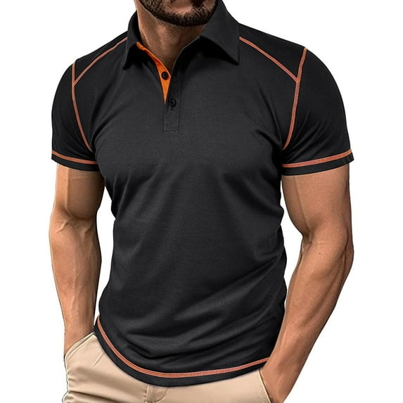 Mens Golf Shirts Button Down Solid Color Striped Short Sleeve Mens Casual Shirts,Black,L