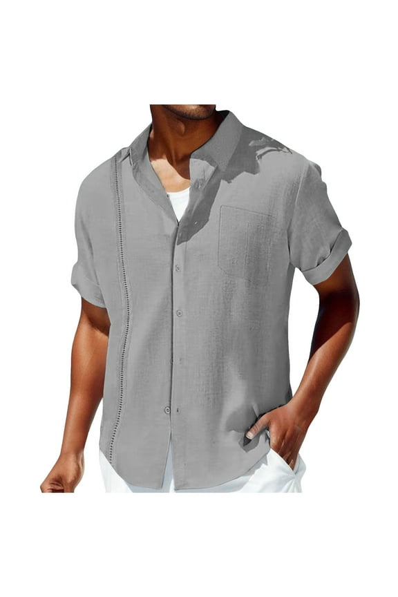 Mens Golf Shirts Cuban Guayabera Short Sleeve Button Down Beach Mens Summer Clothing,Grey,M
