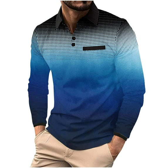 Mens Golf Shirts Long Sleeve Pullover Button Collared T-Shirts Casual Gradient Polka Dot Printed Breathable Going Out Athletic Workout Tees Tops