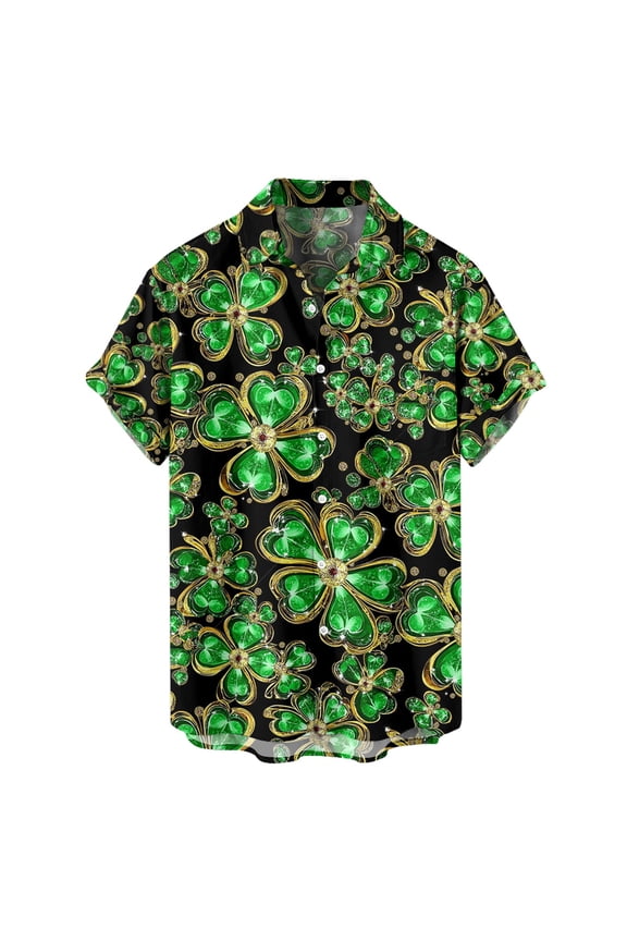 Mens Golf Shirts St. Patrick'S Day Four Leaf Button Pocket Short Sleeved Business Casual Clothes for Men,Black,S