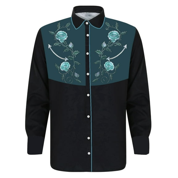 Mens Golf Shirts Western Denim 3D Printed Lapel Button Long Sleeve Floral Mens Casual Shirts,Blue,L