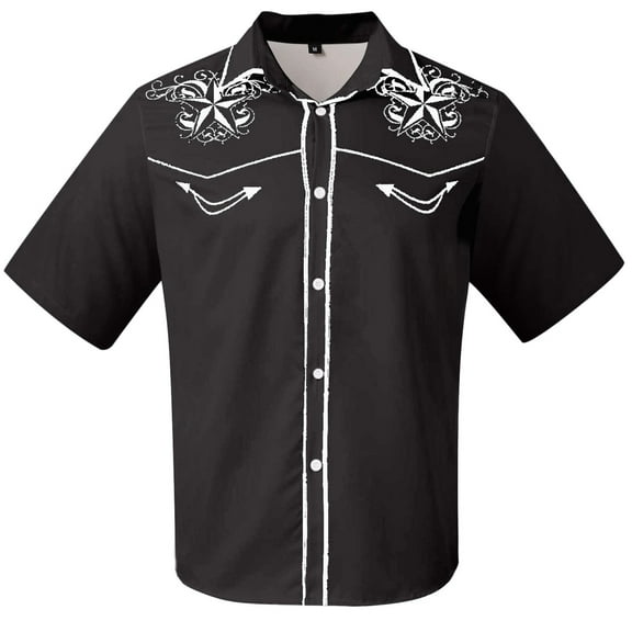 Mens Golf Shirts Western Denim 3D Printed Lapel Button Short Sleeve Floral Mens Clothing,Black,L