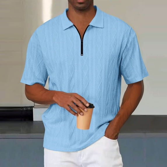 Mens Golf Shirts with Zipper Collared Short Sleeve Tees Tops Casual Solid Color Textured Pullover Breathable Athletic Workout Tshirts Shirt
