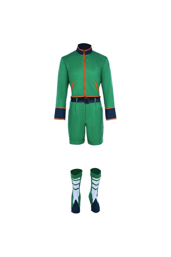 Mens Gon Freecss Inspired Green Hunter Uniform Costume Set with Jacket Pants and Belt