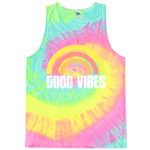 Mens Good Vibes 60s 70s Hippie Tie Dye Tanktop, 2XL Minty Rainbow