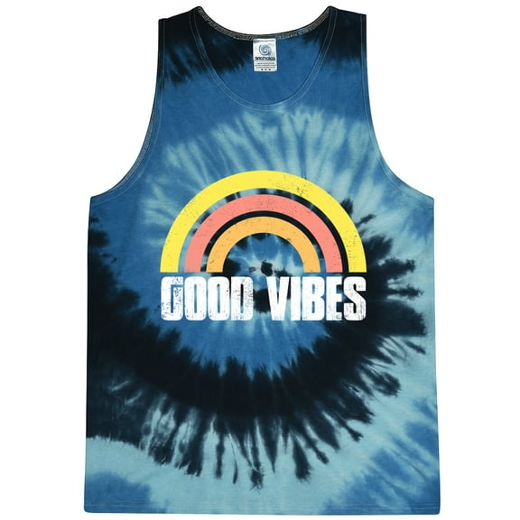 Mens Good Vibes 60s 70s Hippie Tie Dye Tanktop, Large Blue Ocean