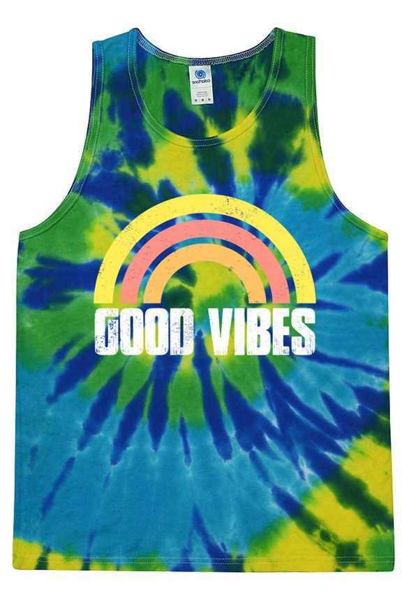 Mens Good Vibes 60s 70s Hippie Tie Dye Tanktop, Large Karma