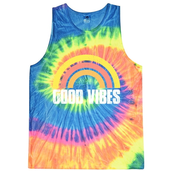 Mens Good Vibes 60s 70s Hippie Tie Dye Tanktop, Medium Neon Rainbow