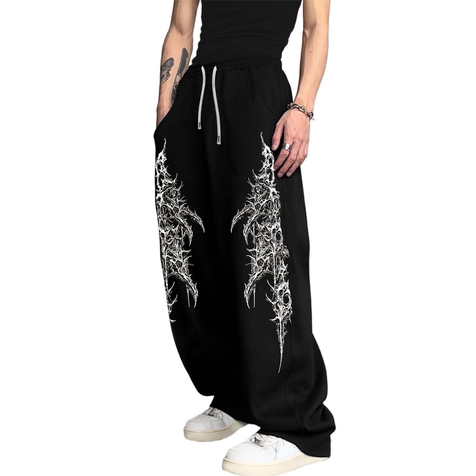 Mens Goth Pants, Skeleton Thorn Print Dark Gothic Sweatpants, Y2K