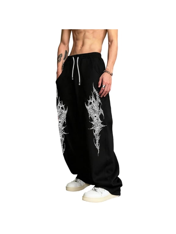 Mens Goth Pants, Skeleton Thorn Print Dark Gothic Sweatpants, Y2K Baggy Streetwear Joggers for Men
