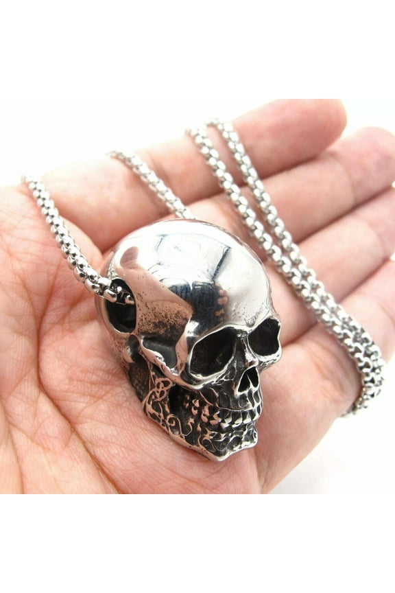 Mens Gothic Biker Skull Pendant Necklace Men Stainless Steel Chain Silver Chain