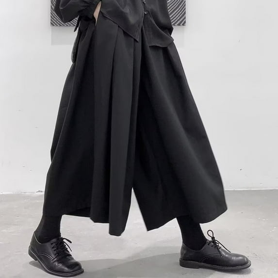 Mens Gothic Dark Style Loose Cropped Hakama Wide Leg Design Sense Samurai Pants