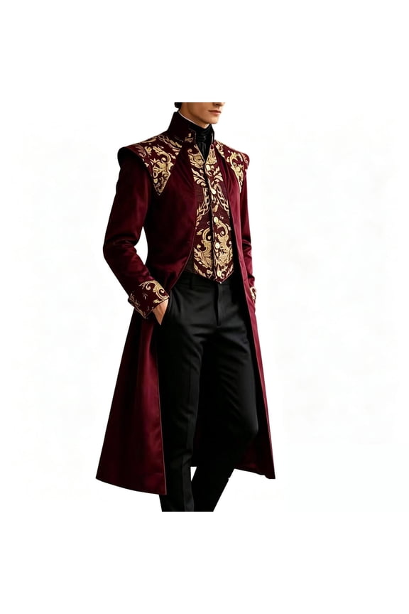Mens Gothic Embroidered Long Coat, Stand Collar Vintage Royal Jacket, Medieval Cosplay Stage Formal Outerwear 2026 Red,L
