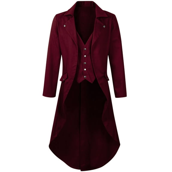 Mens Gothic Jackets Casual Solid Color Long Sleeve Overcoat Holiday Party Performance Tailcoat, Red, M