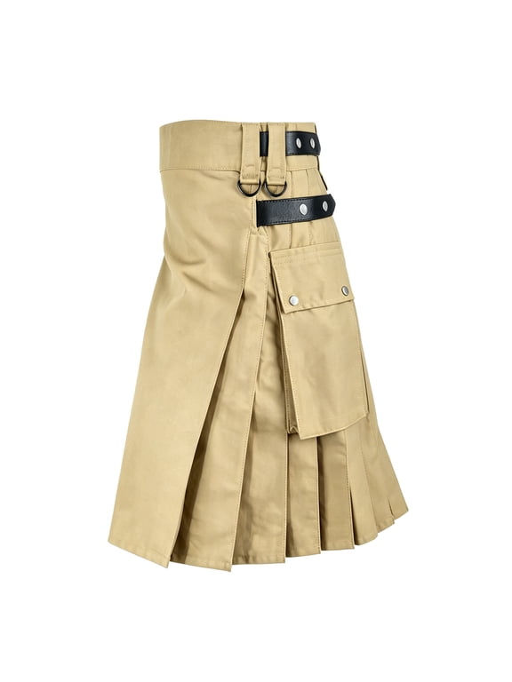 Mens Gothic Punk Pleated Kilt Skirt Tartan Utility Pockets Dance Performance Bottoms Khaki L