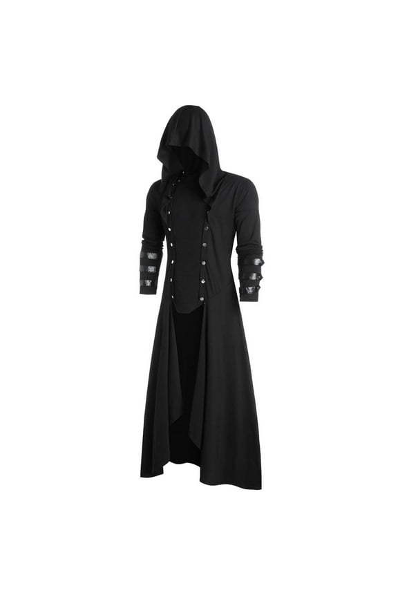 Mens Gothic Style Hooded Coat with Leather and Long Button Front Design for Outdoor Wear Workwear Men's Trench Coat Plus Size Winter Cardigan for Men