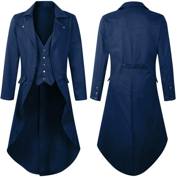 Mens Gothic Tailcoat Jackets Solid Color Vintage Top Steampunk Medieval Tailcoat Uniform Performance Suit Lapel Jackets Costume Dark Blue S