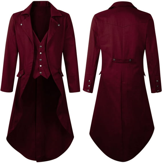 Mens Gothic Tailcoat Jackets Solid Color Vintage Top Steampunk Medieval Tailcoat Uniform Performance Suit Lapel Jackets Costume Wine S