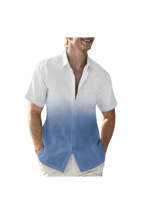 Mens Gradient Linen Shirts Casual Button Down Short Sleeve Beach Summer Shirts