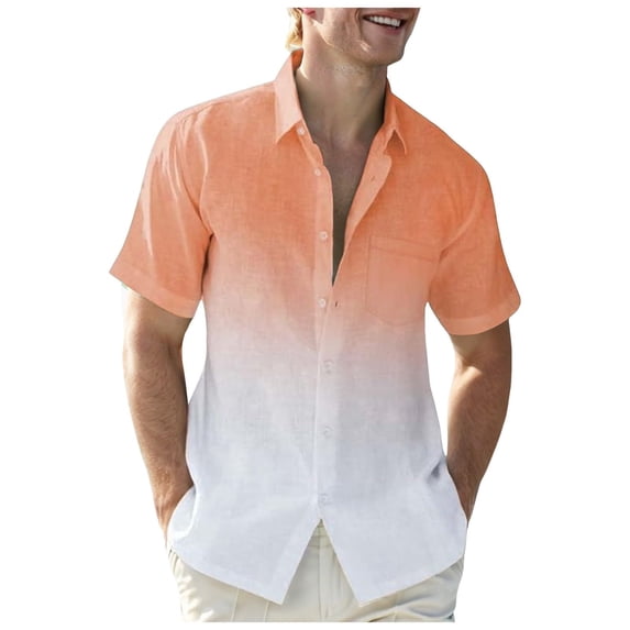 Mens Gradient Linen Shirts Casual Button Down Short Sleeve Beach Summer
