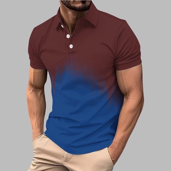 Mens Gradient Polo Shirts Casual Short Sleeve Athletic T-Shirts Classic Contrast Collar Shirt with Pocket Blue S