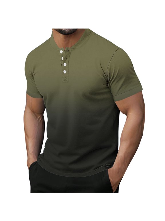 Mens Gradient Short Sleeve Henley Shirts Color Block Band Collar Button Down Pique Jersey Tops Summer Beach Vacation Athletic Shirts Father's Day Gift
