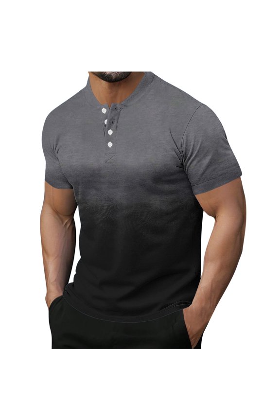Mens Gradient Short Sleeve Henley Shirts Color Block Band Collar Button Down Pique Jersey Tops Summer Beach Vacation Athletic Shirts Father's Day Gift