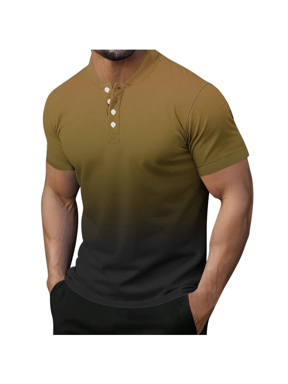 Mens Gradient Short Sleeve Henley Shirts Color Block Band Collar Button Down Pique Jersey Tops Summer Beach Vacation Athletic Shirts Father's Day Gift