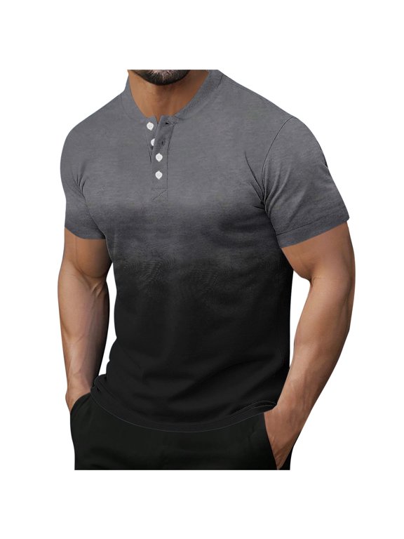 Mens Gradient Short Sleeve Henley Shirts Color Block Band Collar Button Down Pique Jersey Tops Summer Beach Vacation Athletic Shirts Father's Day Gift