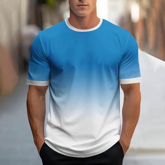 Mens Gradient Short Sleeve T-Shirts Crew Neck Casual Summer Basic Ringer Tees Lightweight Regular Fit Everyday Tops for Beach Vacation Father's Day Gift