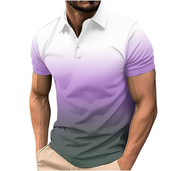 Mens Gradients Tshirts Button Collar Polo Shirts Men Short Sleeve Pullover Top Summer Clothing