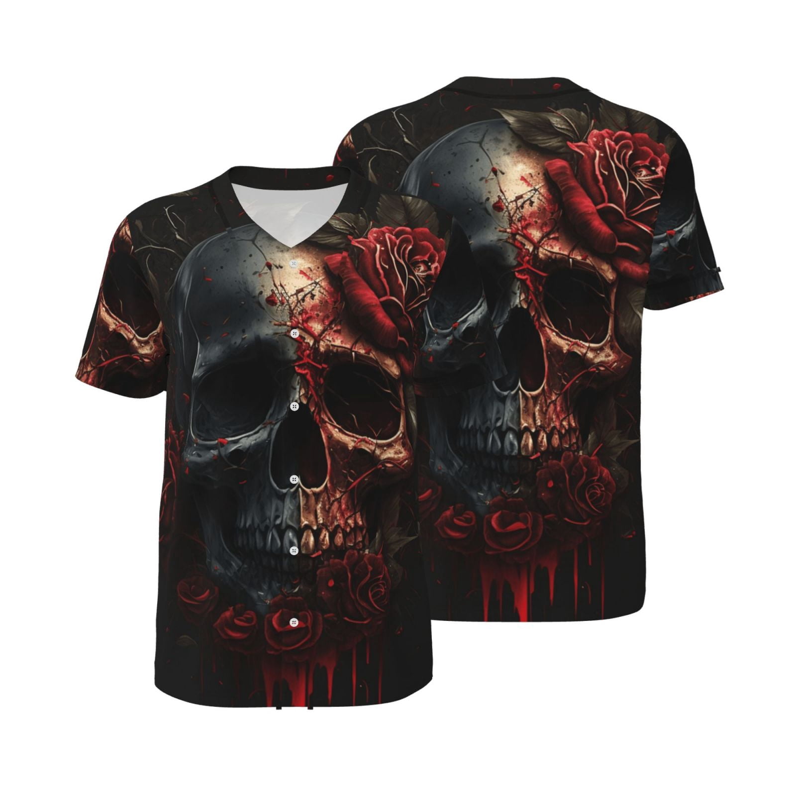 Mens Graphic Baseball T Shirt Short Sleeve Summer Casual Tee Top Jersey, Blood Skull Roses