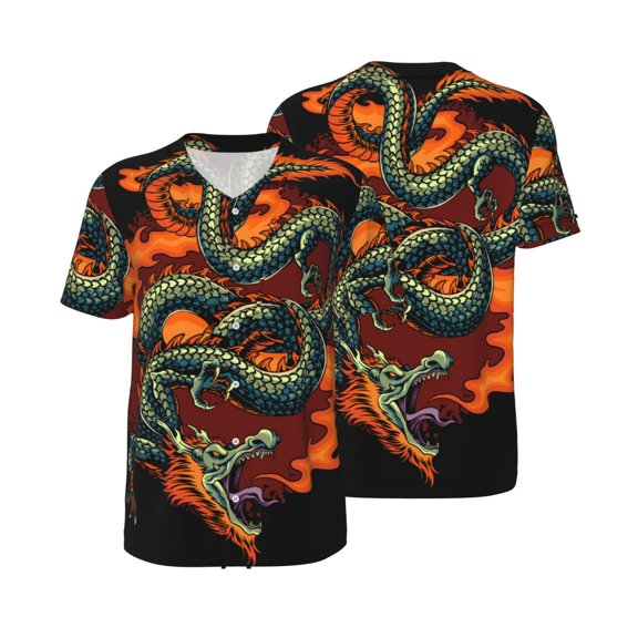 Mens Graphic Baseball T Shirt Short Sleeve Summer Casual Tee Top Jersey, Fire Dragon Red Flaming