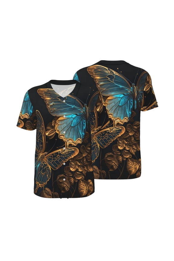 Mens Graphic Baseball T Shirt Short Sleeve Summer Casual Tee Top Jersey, Gold Blue Butterflies Golden Butterfly