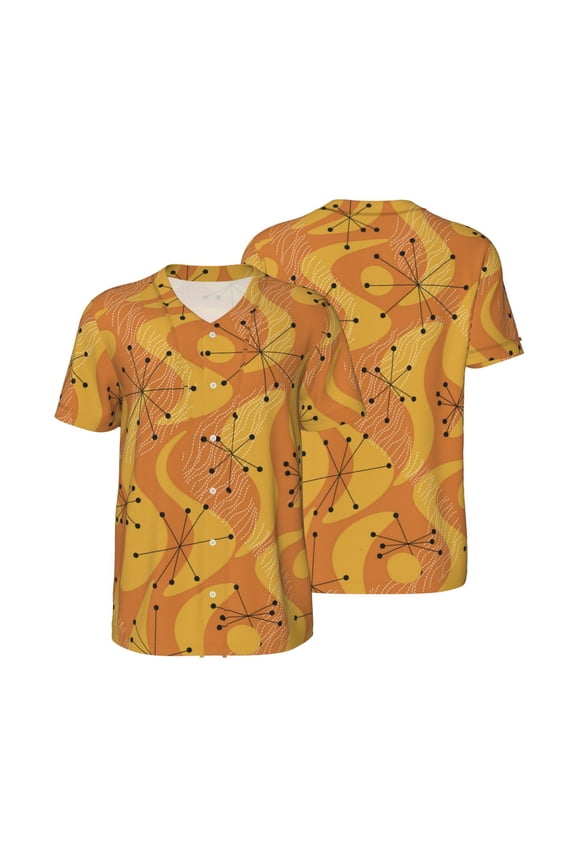Mens Graphic Baseball T Shirt Short Sleeve Summer Casual Tee Top Jersey, Orange Geometric Atomic Modern Midcentury